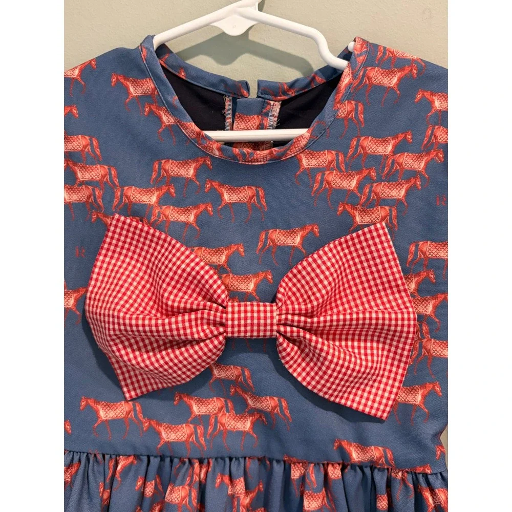Ronner Children Blue Red Horse Print Dress Gingham Bow Long Sleeve Kids Size 8